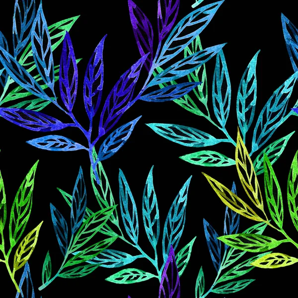 Yaprakları suluboya olan dikişsiz çiçek deseni. Beyaz üzerine klasik tarzda elle çizilmiş suluboya çizimi. Tekstil, kağıt, dekorasyon ve ambalaj için yapraklı arkaplan