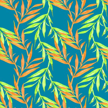 Yaprakları suluboya olan dikişsiz çiçek deseni. Beyaz üzerine klasik tarzda elle çizilmiş suluboya çizimi. Tekstil, kağıt, dekorasyon ve ambalaj için yapraklı arkaplan