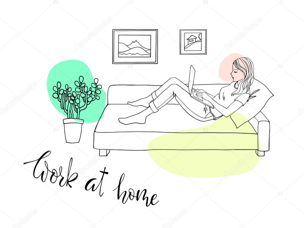 Cute young girl works at home because of quarantine. Sketch style. Line art. Girl sitting on a sofa with a laptop. Freelancer works from home. The danger of coronavirus. Everyone should stay home.