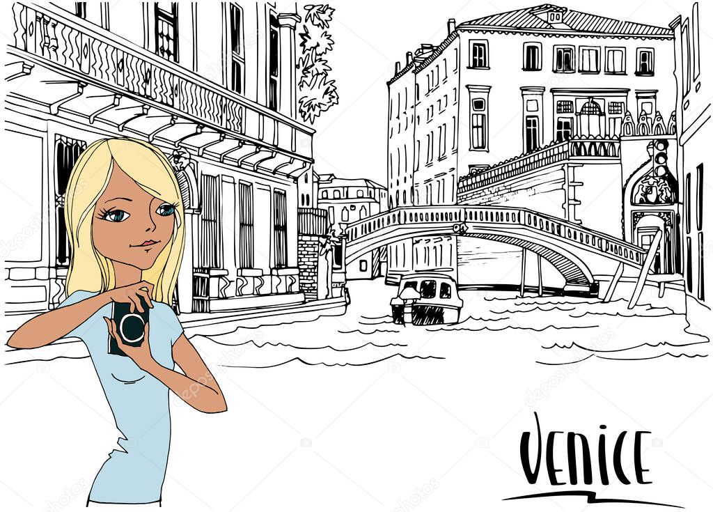 Nice views of the old Venice. Young pretty girl with a camera. Hand drawn color sketch. Colorful and black and white vector illustration