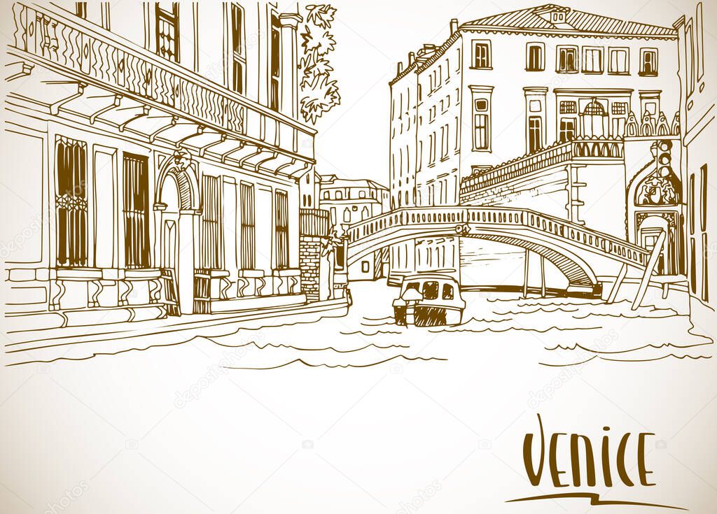 Old postcard style. Urban landscape of Venice, nice town view. Italy. Line art. Hand drawn sketch. Sepia vector illustration on white. Vintage background