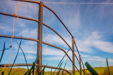 metal korkuluk ve ilkbaharda güzel mavi gökyüzü ve whire bulutlar ile çim