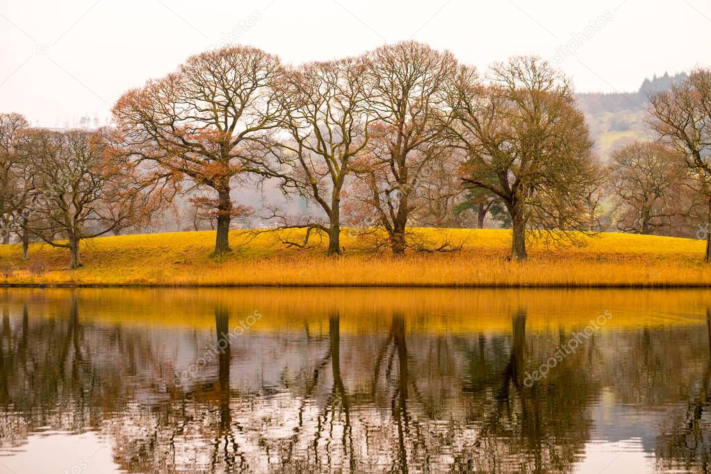 Shoreline of Derwentwater with beautiful autumnal trees