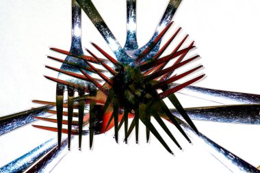 Düz beyaz arkaplan üzerinde çatalların çifte pozlandırılması