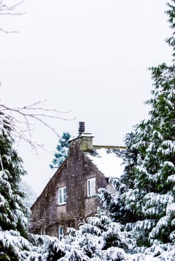 Cumbria Gölü 'nde karlı bir ormanda ev