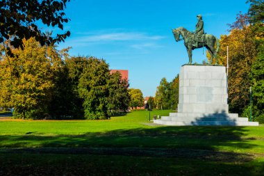 Bruges, Belçika 30 Ekim 2016 Bruges Parkı 'nda Kral Albert 1' in bir binicilik heykeli