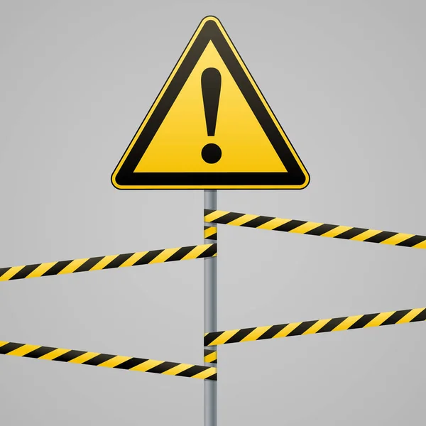 Caution - danger Warning sign safety. A yellow triangle with black image. The on the pole and protecting ribbons. Vector . — Stock Vector