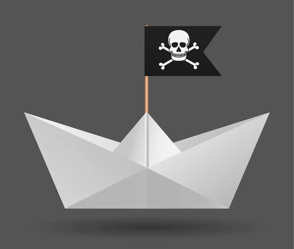 Paper boat with a pirate flag. White background. Isolated object. — Stock Vector