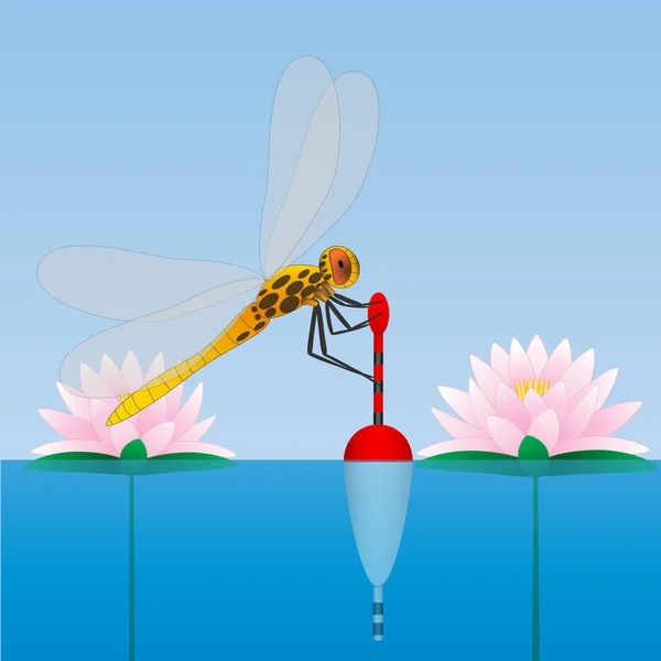 Dragonfly zittend op de vlotter. Waterlelie. Water. Visserij. — Stockvector