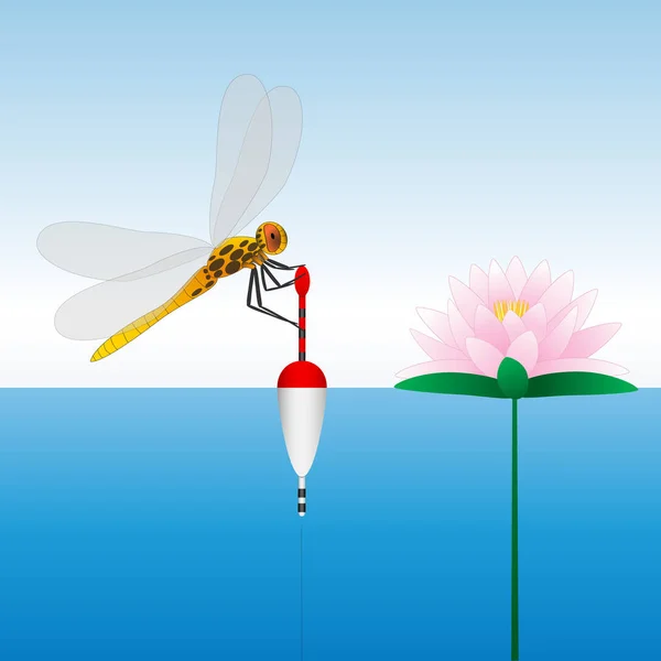 Dragonfly zittend op de vlotter. Waterlelie. Water. Visserij. — Stockvector