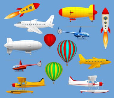 Set of different types of air transport. Airplanes, helicopters, balloons and zeppelins. clipart