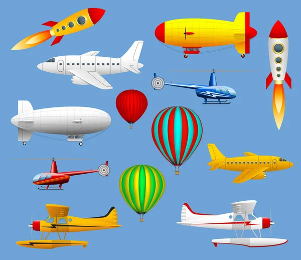Hava taşıma farklı türleri kümesi. Uçak, helikopter, balonlar ve Zeplinler.