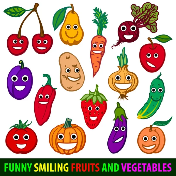 Graciosas frutas y verduras sonrientes. Establecer imagen vectorial plana — Archivo Imágenes Vectoriales
