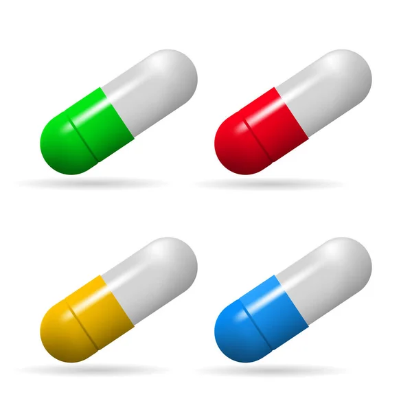 Arzneikapseln. Kapseln in verschiedenen Farben auf weißem Hintergrund. Vektor. — Stockvektor