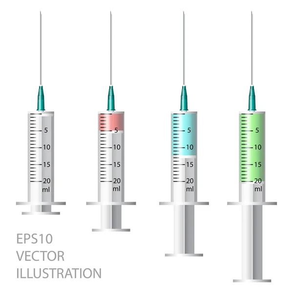 Seringa médica. Conjunto de seringas plásticas descartáveis para preparações injetáveis . . —  Vetores de Stock