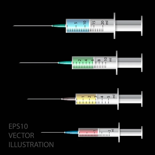 Seringa médica. Conjunto de seringas plásticas descartáveis de diferentes tamanhos para injecções subcutâneas e intramusculares. Vetor  . — Vetor de Stock