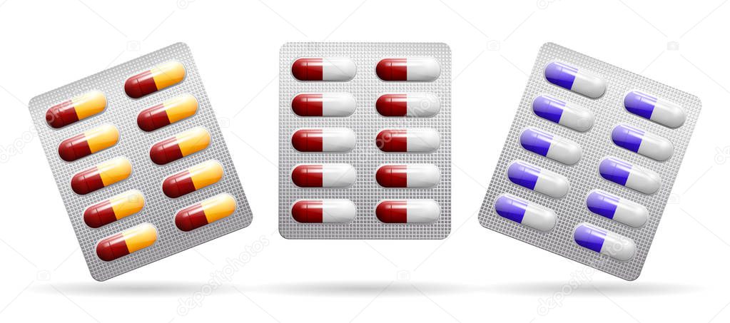 Packing of tablets. Capsules of different colors. Vector .