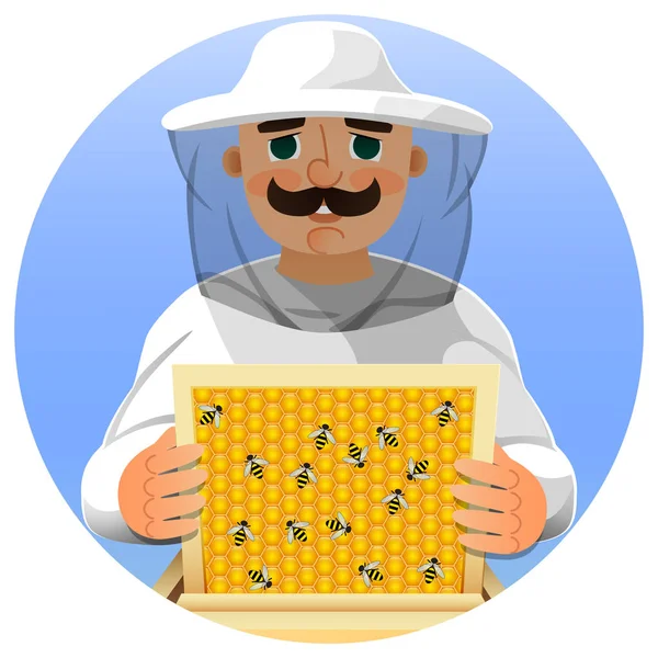 Apiculteur en costume blanc. Portrait d'un homme en costume d'apiculteur avec un cadre en nid d'abeille à la main. Vecteur . — Image vectorielle
