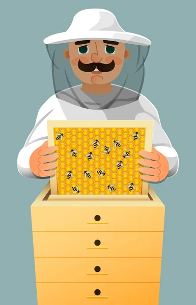 Beekeeper in a white suit. Portrait of a man in a beekeeper suit with a honeycomb frame in his hands. Vector. — Stock Vector