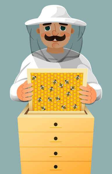 Beekeeper in a white suit. Portrait of a man in a beekeeper suit with a honeycomb frame in his hands. Vector.
