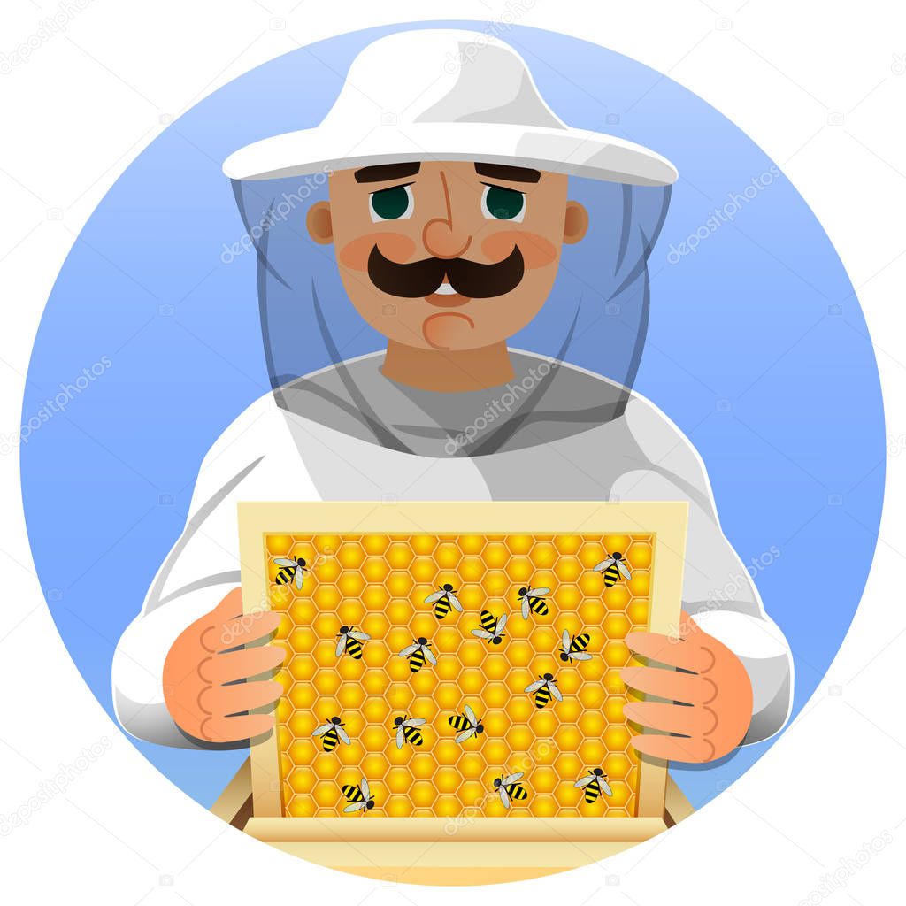 Beekeeper in a white suit. Portrait of a man in a beekeeper suit with a honeycomb frame in his hands. Vector.