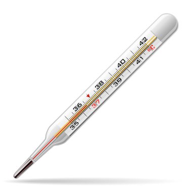Termometre tıbbi. İnsan vücudunun sıcaklığını ölçmek için bir cam termometre. Vektör