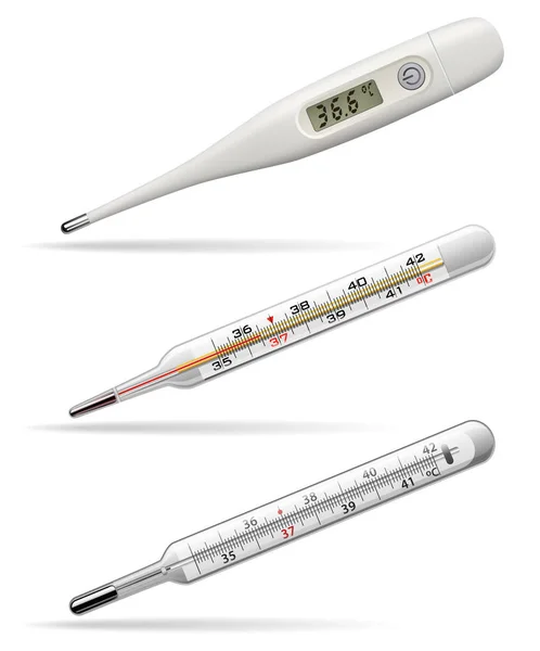 Medicinska termometrar. Digital, alkohol och kvicksilver termometrar för att mäta temperaturen på den mänskliga kroppen. Vektor — Stock vektor