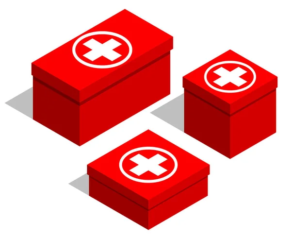 의료 응급 처치 키트입니다. 빨간 상자 뚜껑에 의료 기호로 설정 합니다. 흰색 바탕에 고립 된 개체입니다. 아이소메트리입니다. 벡터 — 스톡 벡터