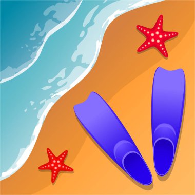 Plaj arka plan. Palet ve denizyıldızı kum üzerinde. Deniz kıyısında. Düz stil. Çizgi film. Vektör.