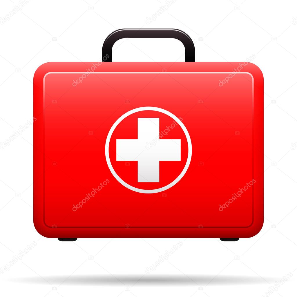 First aid kit. Red case with medical emblem. Box for medications. Suitcase with tools for first aid. Vector .