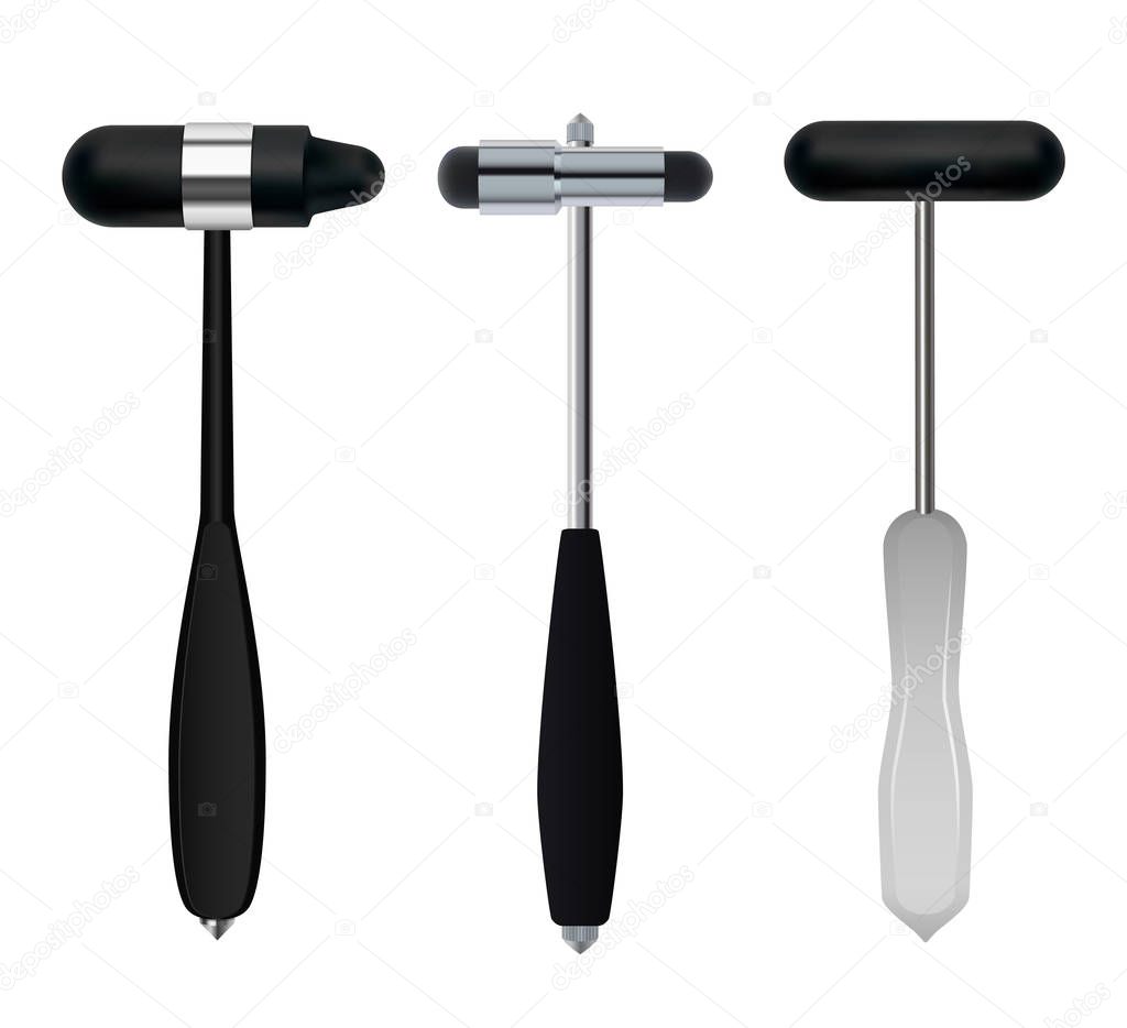 Neurological hammers. Set of medical instruments of neurologist used to test reflexes and sensitivity of the patient. Vector .