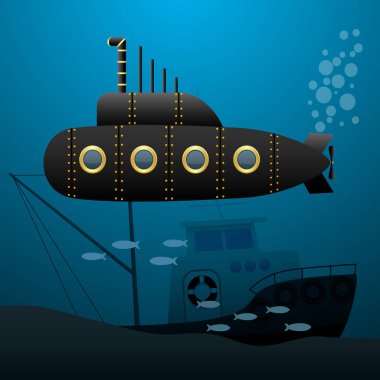 Siyah denizaltı su altında yola çıkacak. Batık gemi deniz dibinin üzerinde. Çizgi film görüntü. Vektör çizimler.