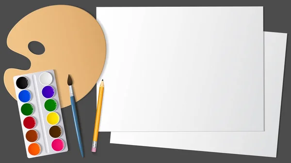 Bekijken van het oppervlak van de desktop met de uitbreiding het artistieke en briefpapier. Design en creativiteit. Achtergrond en plek voor tekst. Vector afbeelding. — Stockvector
