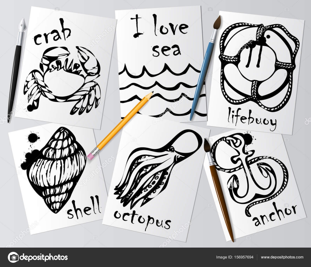 Grafica disegni di animali marini realizzati con mascara nero su carta bianca Matita pennello e penna sul tavolo Disegno e creativit  sul tema del mare