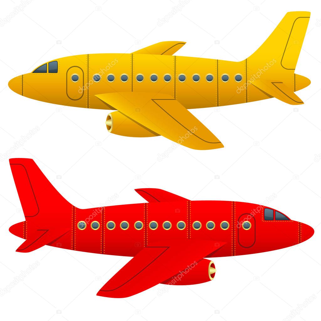Yellow and red aircraft on a white background. Isolated objects. Cartoon style. Vector Image.