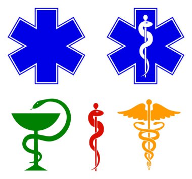 Tıbbi uluslararası simgeleri ayarlayın. Yaşam, Asklepios, personelin yıldız caduceus, kase bir yılanla. Vektör