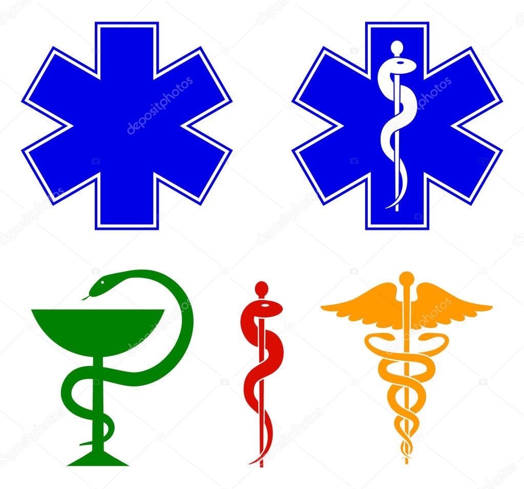 Medical international symbols set. Star of life, staff of Asclepius, caduceus, bowl with a snake. Vector illustration.