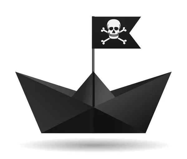 Black paper boat with a pirate flag. White background. Isolated object. Vector Image. — Stock Vector