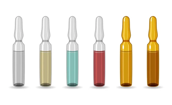 Ampułka. Zestaw ampułek w różnych kolorach. Hermetycznie zamknięte naczynie szklane, przeznaczone do przechowywania preparatów leczniczych. Medycyna i ochrona zdrowia. — Wektor stockowy