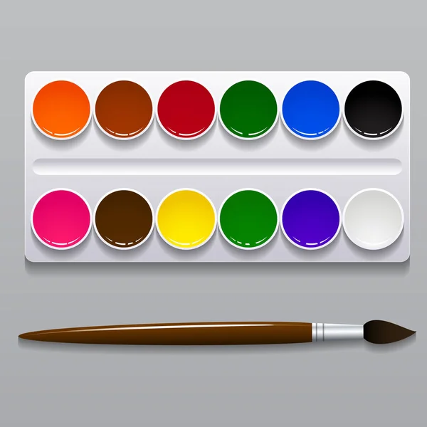 Watercolor paints in a box with a brush. — Stock Vector