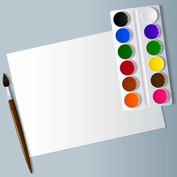 Tegning og kreativitet. Kunstnerisk utstyr på skrivebordet. Vannfarget maling, børster og hvitt papir. Se ovenfra. Bakgrunnsbilde . – stockvektor