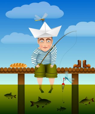 Balık tutma yaz. Gençlik balıkçı ahşap bir köprüde suya sarkan ve balıkçılık bacaklarını oturur. Parlak sıcak renkler. Komik bir hikaye. Vektör görüntü.