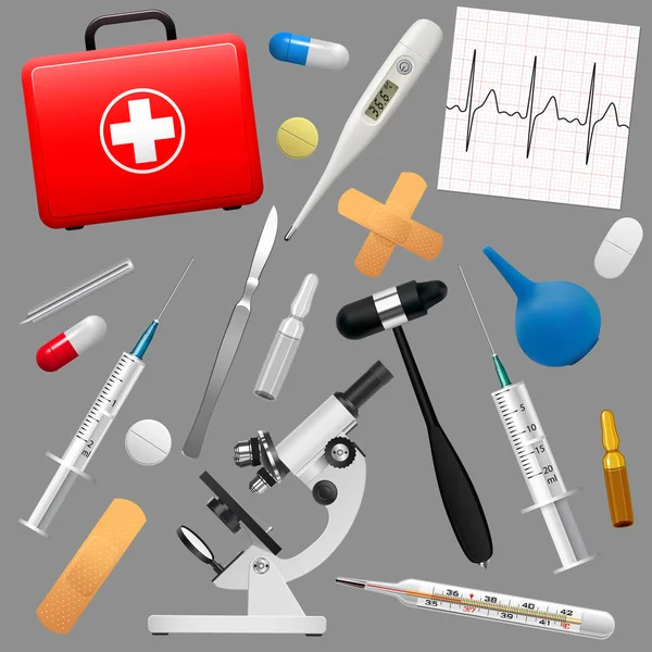 Conjunto de instrumentos e preparações médicas. Kit de primeiros socorros e seu conteúdo. Medicina e saúde. Vetor —  Vetores de Stock