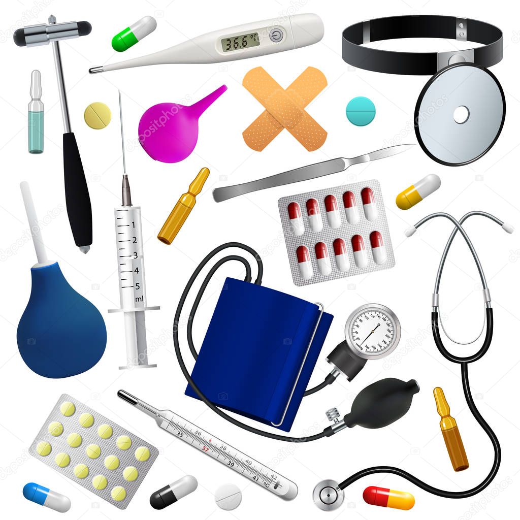 Medical instruments and preparations set. Medicine and health. Isolated objects. White background.