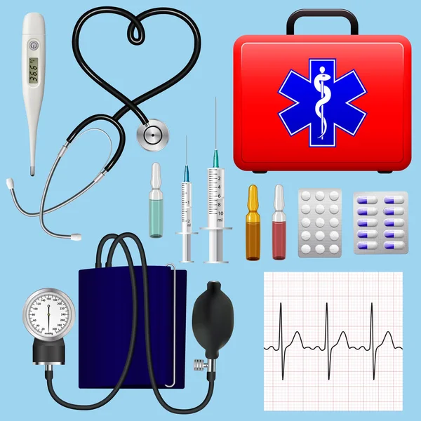 Conjunto de instrumentos médicos, instrumentos e preparações de um cardiologista. Medicina cardiológica. Objetos detalhados realistas. Vetor  . —  Vetores de Stock