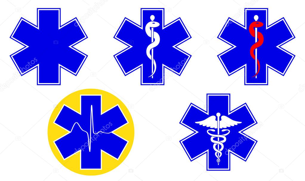 Medical international symbols set. Star of life, staff of Asclepius, caduceus, Vector