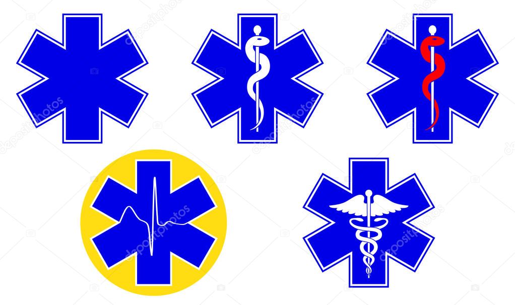Medical international symbols set. Star of life, staff of Asclepius, caduceus, Vector illustration.