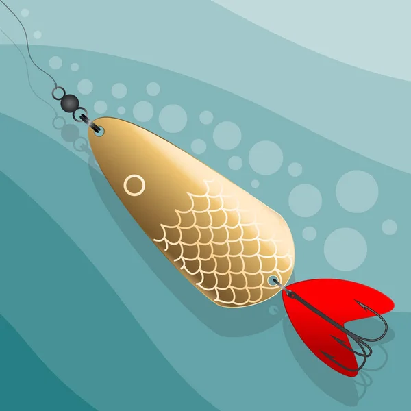 Αλιεία δέλεαρ. Χρυσή δόλωμα με κόκκινη ουρά και ένα τριπλό γάντζο. Διανυσματική εικόνα. — Διανυσματικό Αρχείο