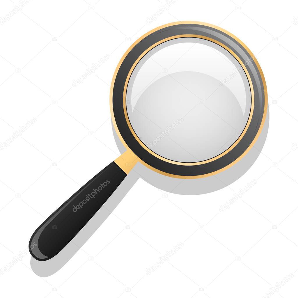Magnifying glass. black and gold. Isolated object. White background. Vector