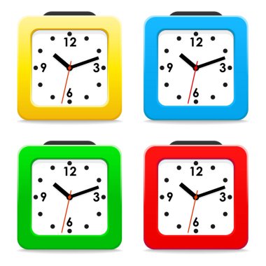 Kırmızı, sarı, yeşil ve mavi gövde ile masaüstü çalar saatler kare şekli ayarlayın. Beyaz bir arka plan üzerinde izole nesneleri. Vektör görüntü.